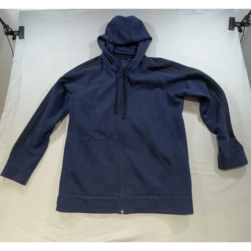 Adidas Men's Large Navy Full Zip Hoodie 3 Stripe Logo Sweatshirt L